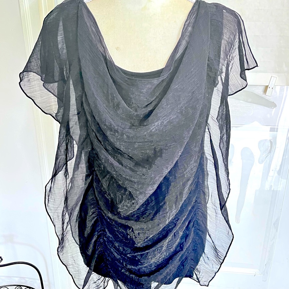 Lady’s Black Top with Sheer Draped Overlay; Size Medium
